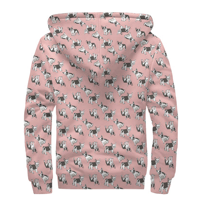 Cute French Bulldog Puppy Pattern Print Sherpa Lined Zip Up Hoodie