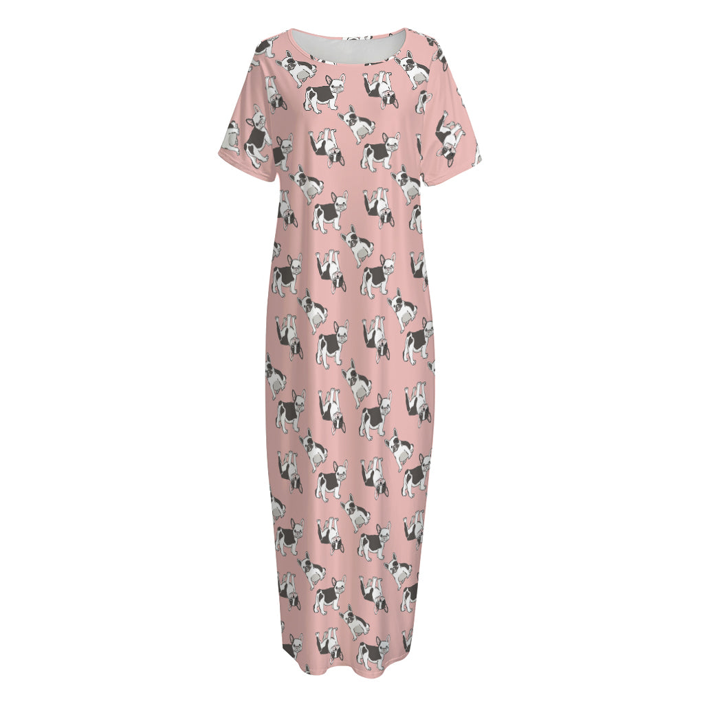 Cute French Bulldog Puppy Pattern Print Short Sleeve Long Nightdress