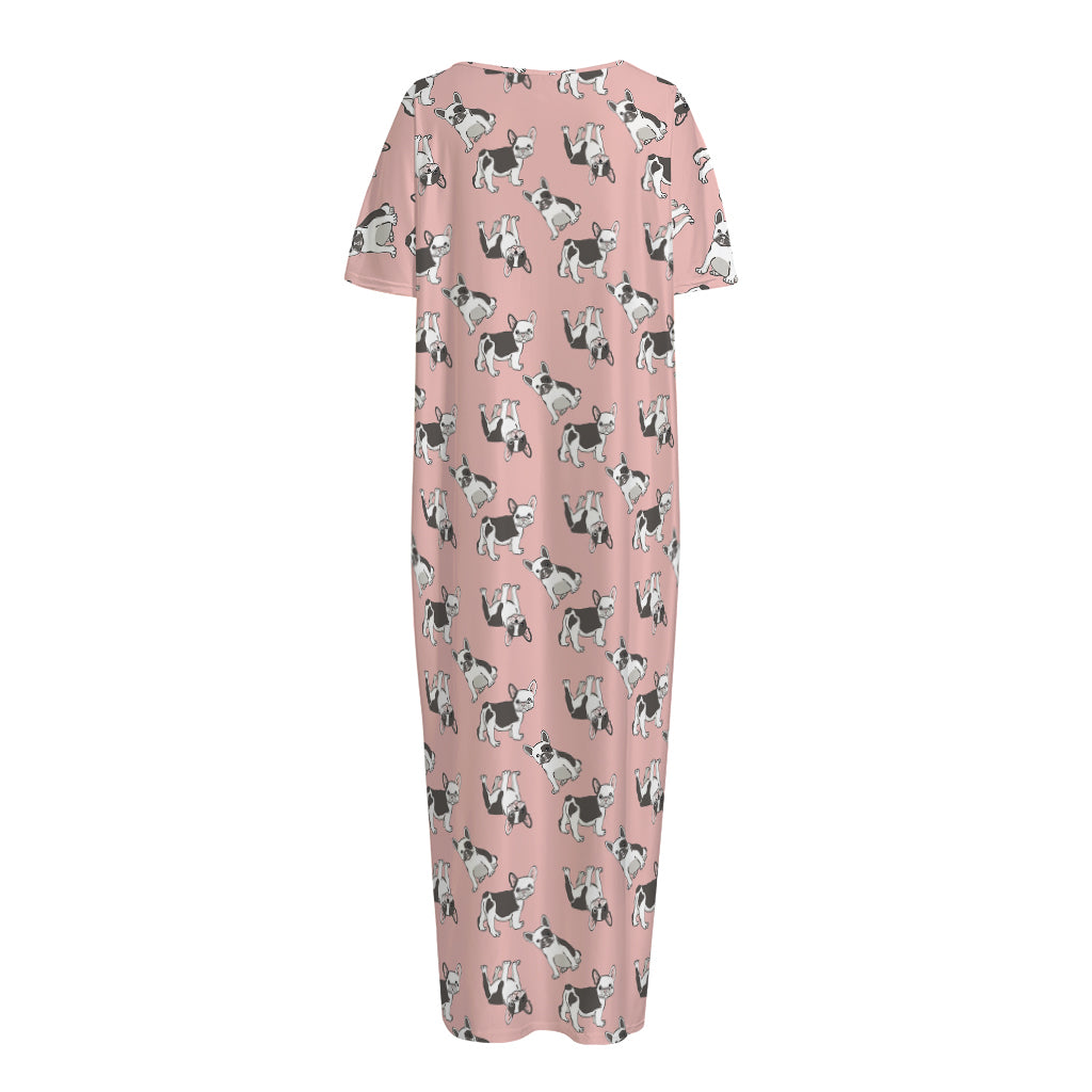 Cute French Bulldog Puppy Pattern Print Short Sleeve Long Nightdress