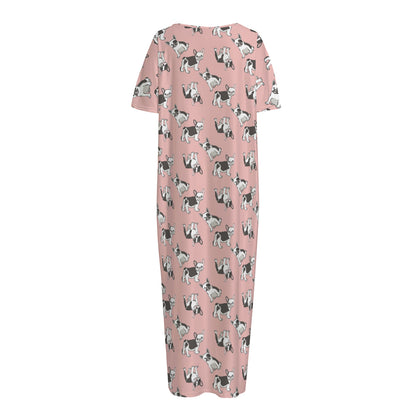 Cute French Bulldog Puppy Pattern Print Short Sleeve Long Nightdress
