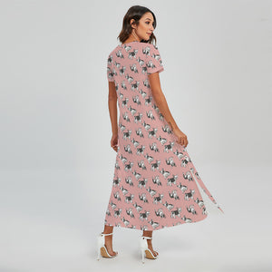 Cute French Bulldog Puppy Pattern Print Short Sleeve Maxi Dress