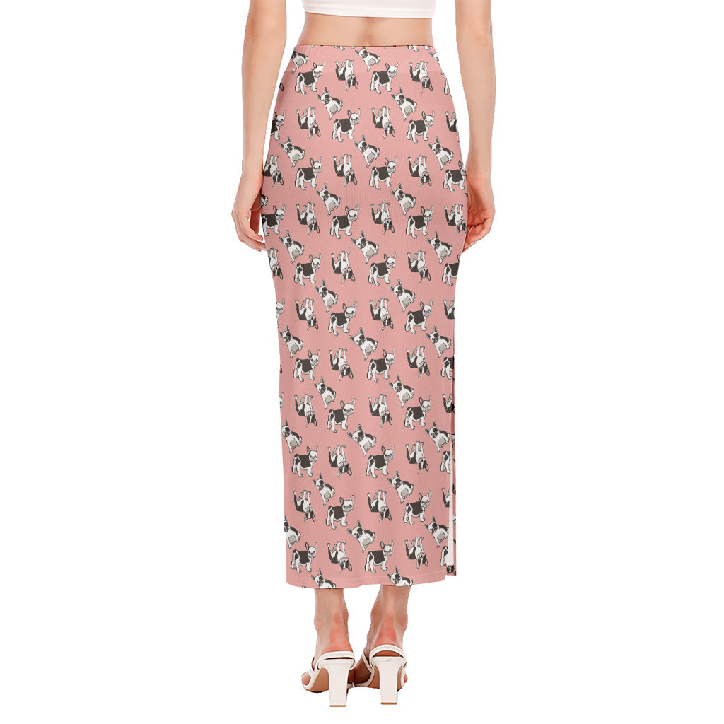 Cute French Bulldog Puppy Pattern Print Side Slit Maxi Skirt