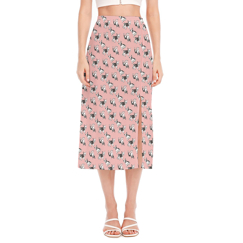 Cute French Bulldog Puppy Pattern Print Side Slit Midi Skirt