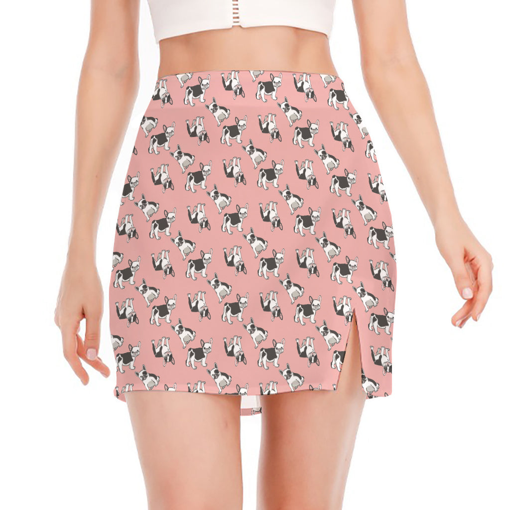 Cute French Bulldog Puppy Pattern Print Side Slit Mini Skirt