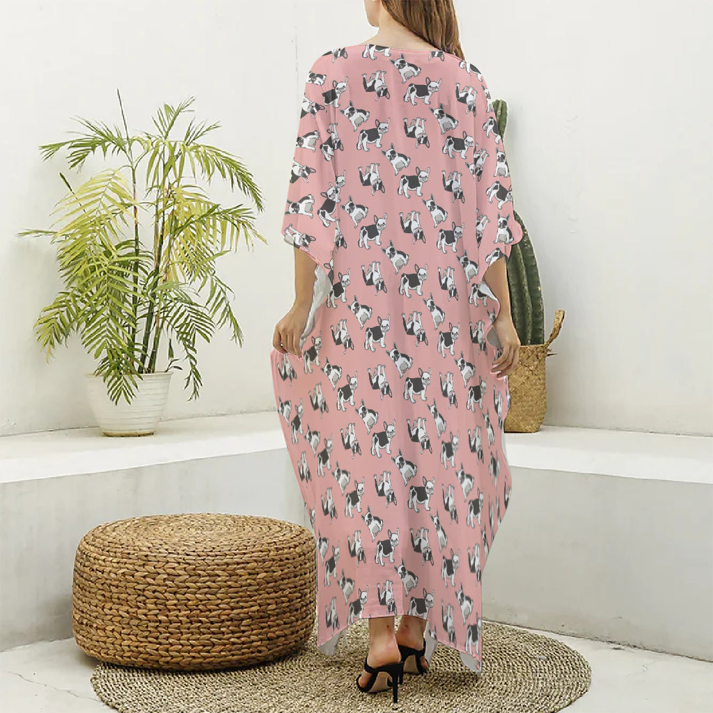 Cute French Bulldog Puppy Pattern Print Silk V-Neck Kaftan Dress