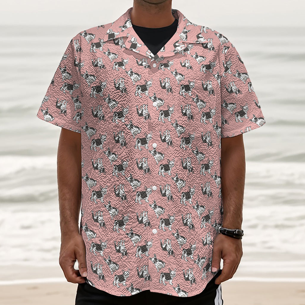 Cute French Bulldog Puppy Pattern Print Textured Short Sleeve Shirt