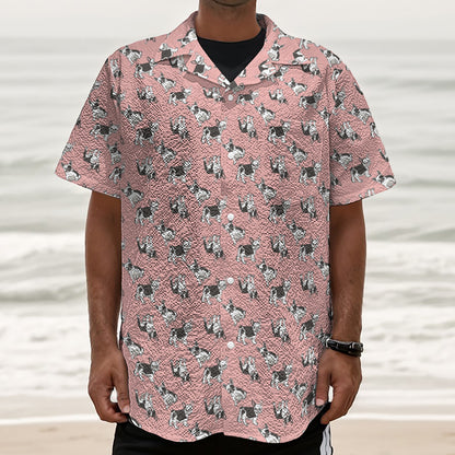 Cute French Bulldog Puppy Pattern Print Textured Short Sleeve Shirt