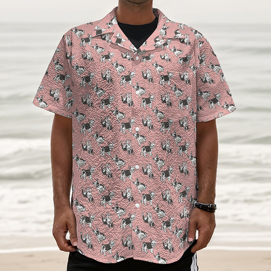 Cute French Bulldog Puppy Pattern Print Textured Short Sleeve Shirt