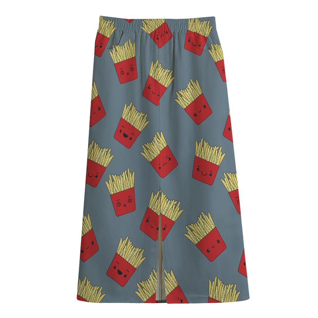 Cute French Fries Pattern Print Cotton Front Slit Maxi Skirt