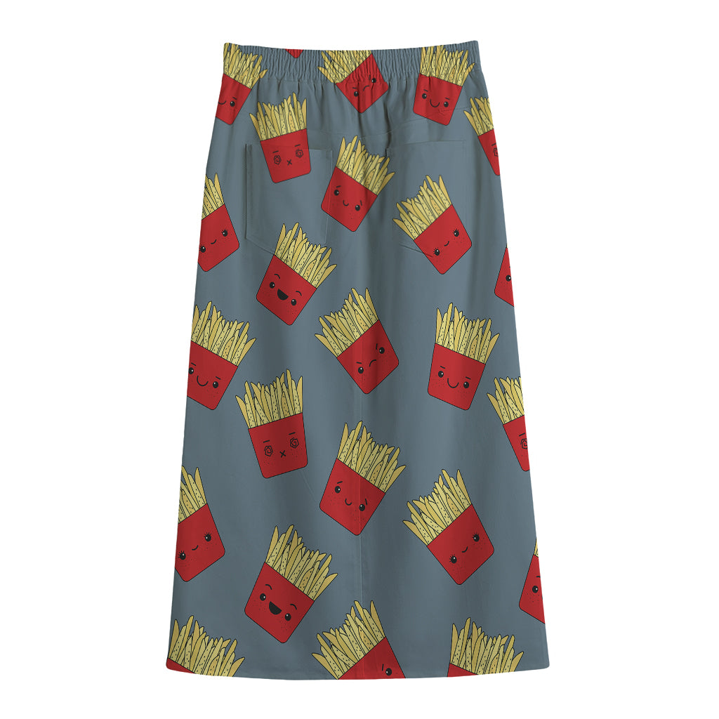 Cute French Fries Pattern Print Cotton Front Slit Maxi Skirt