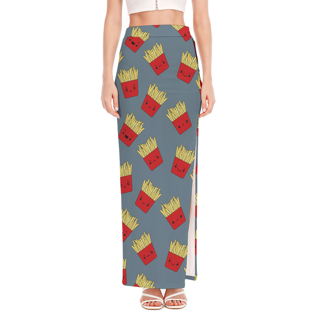 Cute French Fries Pattern Print High Slit Maxi Skirt