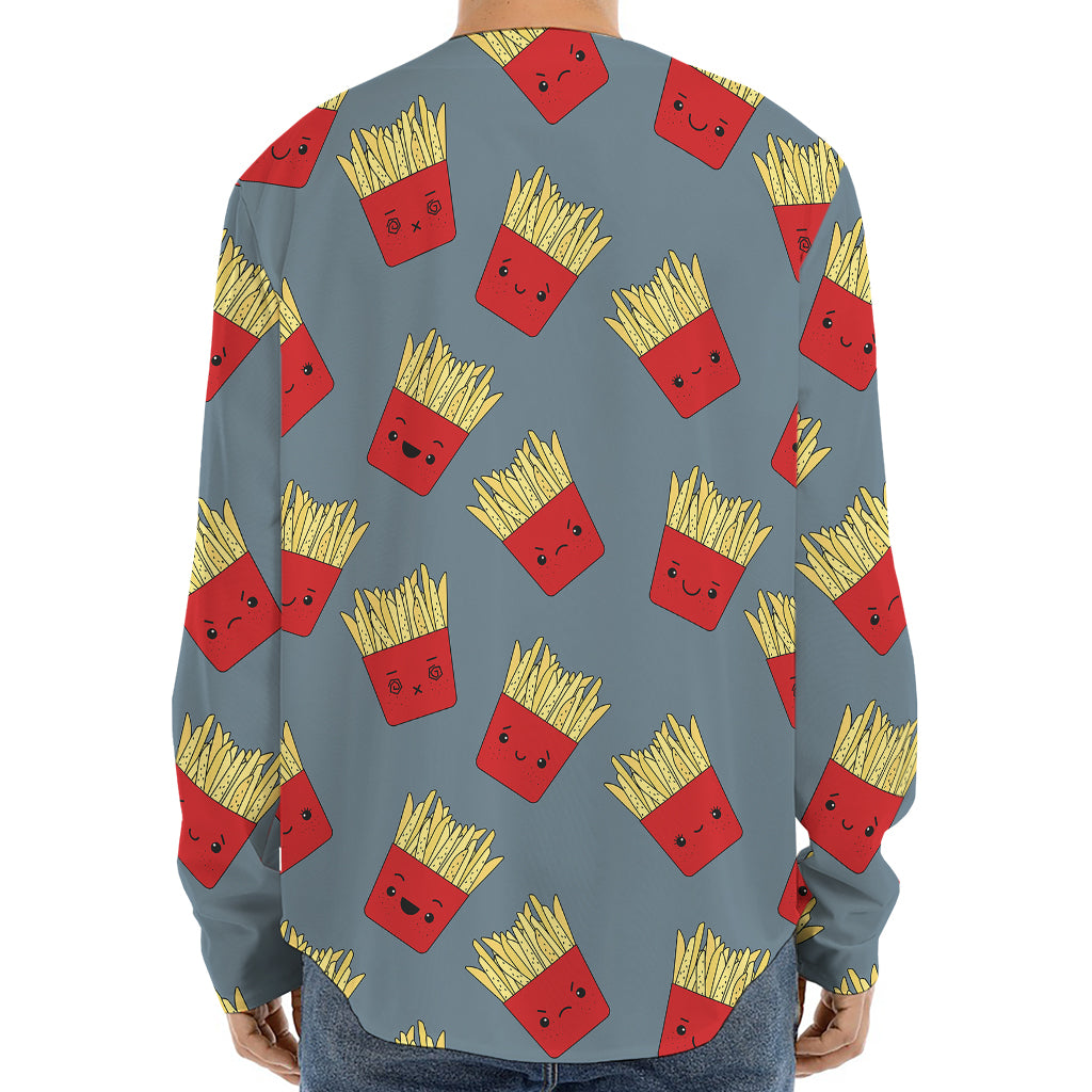 Cute French Fries Pattern Print Long Sleeve Baseball Jersey