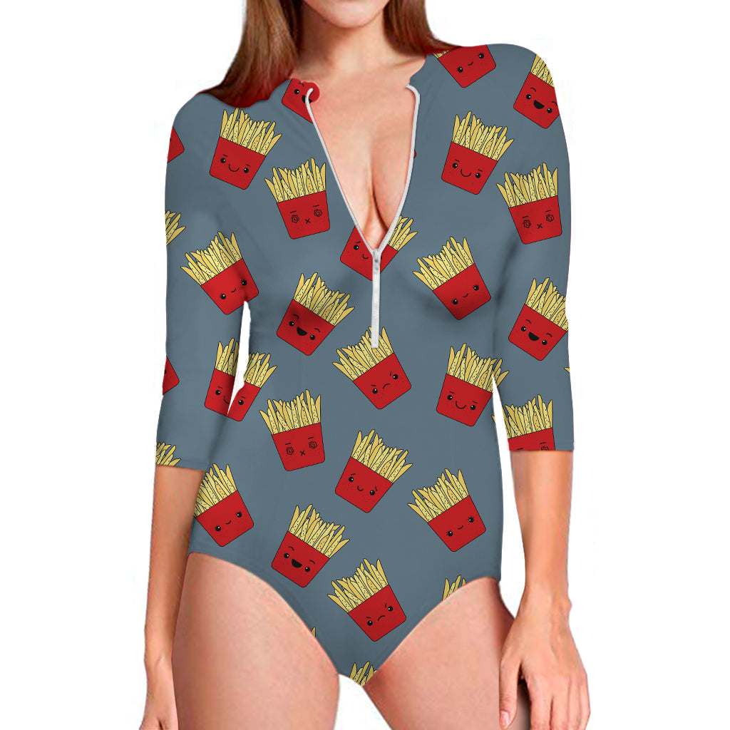 Cute French Fries Pattern Print Long Sleeve Swimsuit