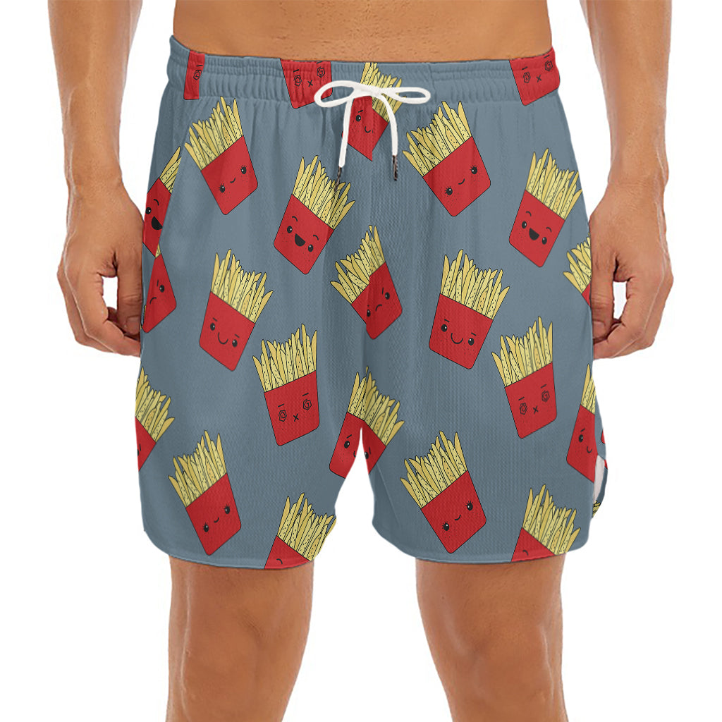 Cute French Fries Pattern Print Men's Split Running Shorts