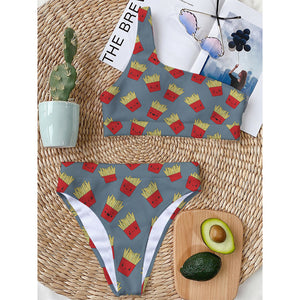 Cute French Fries Pattern Print One Shoulder Bikini Top