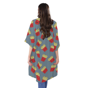 Cute French Fries Pattern Print Open Front Beach Cover Up