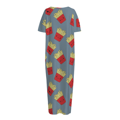 Cute French Fries Pattern Print Short Sleeve Long Nightdress
