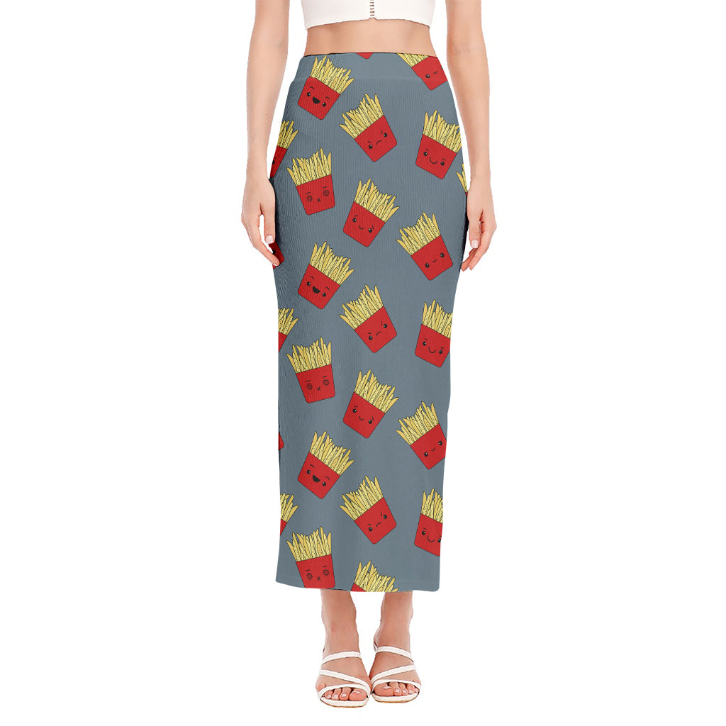 Cute French Fries Pattern Print Side Slit Maxi Skirt