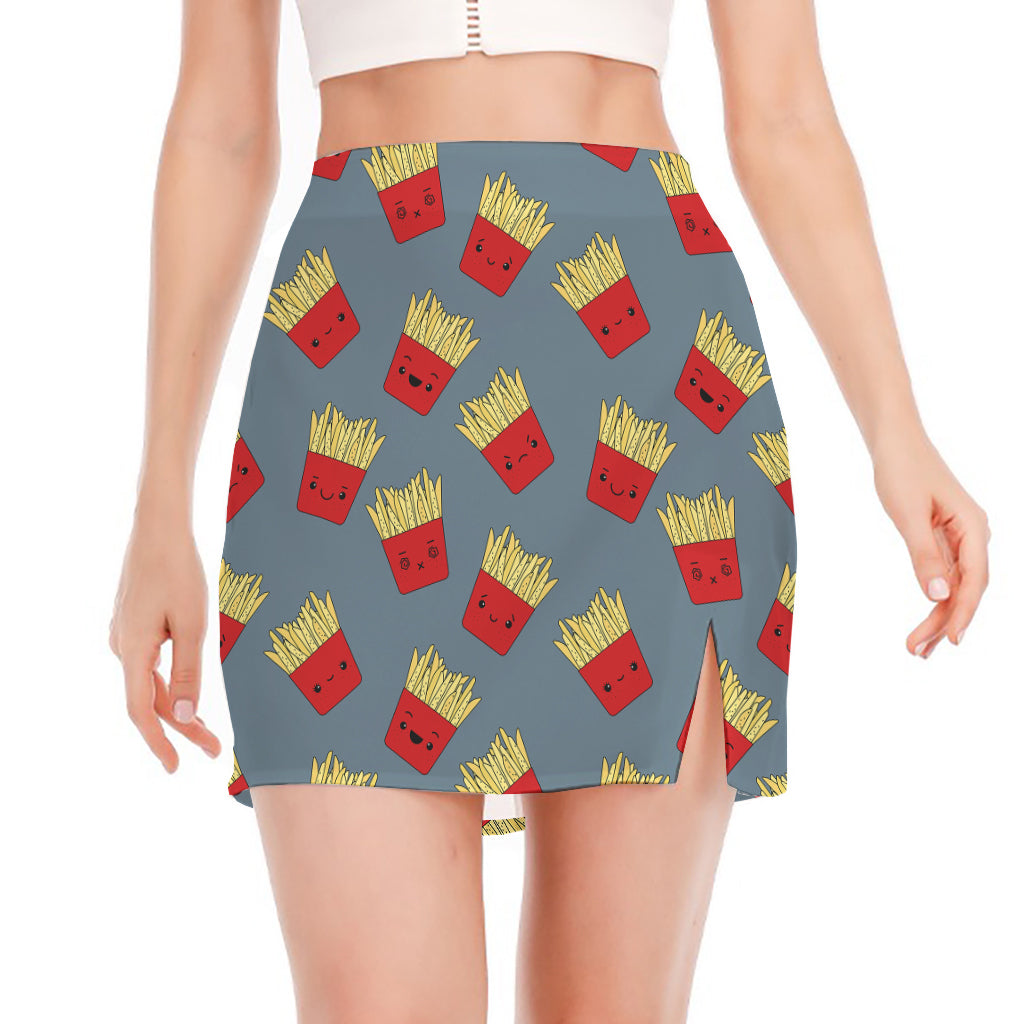 Cute French Fries Pattern Print Side Slit Mini Skirt