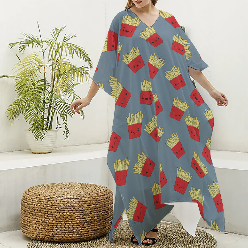 Cute French Fries Pattern Print Silk V-Neck Kaftan Dress