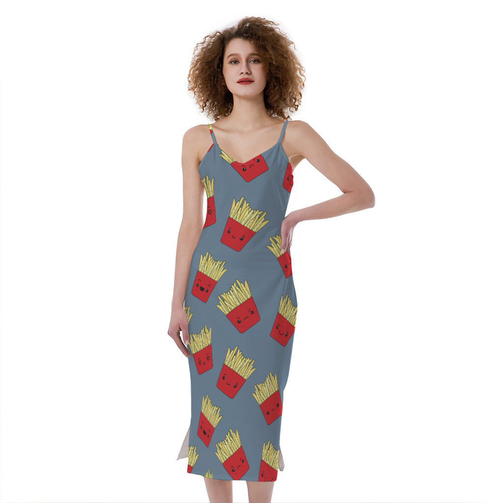 Cute French Fries Pattern Print Slim Fit Midi Cami Dress