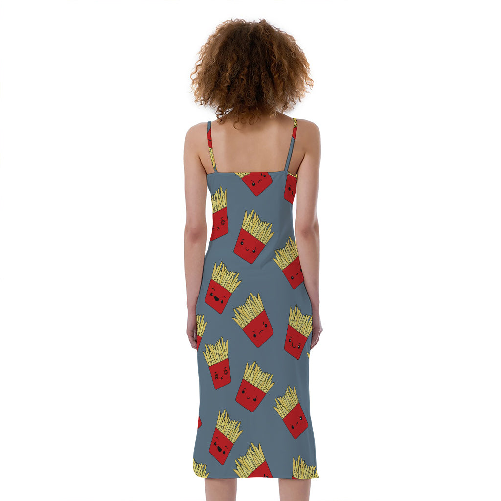 Cute French Fries Pattern Print Slim Fit Midi Cami Dress