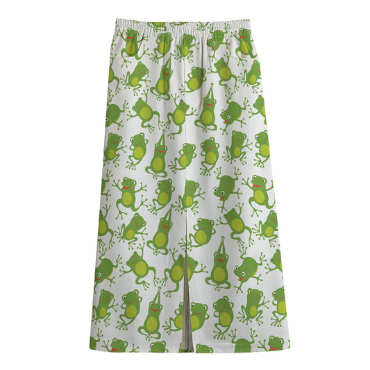 Cute Frog Pattern Print Cotton Front Slit Maxi Skirt