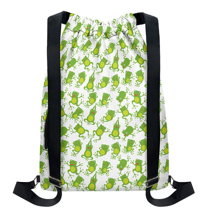 Cute Frog Pattern Print Drawstring Backpack
