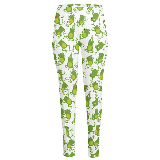 Cute Frog Pattern Print High-Waisted Pocket Leggings