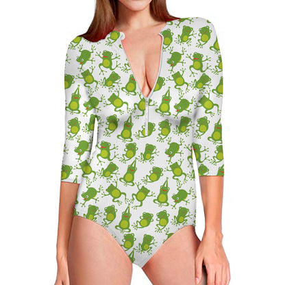 Cute Frog Pattern Print Long Sleeve Swimsuit