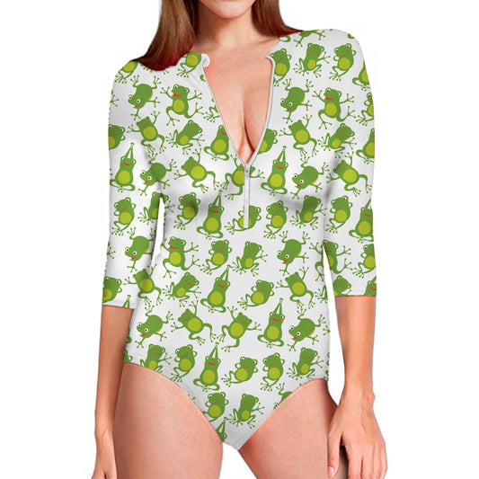 Cute Frog Pattern Print Long Sleeve Swimsuit