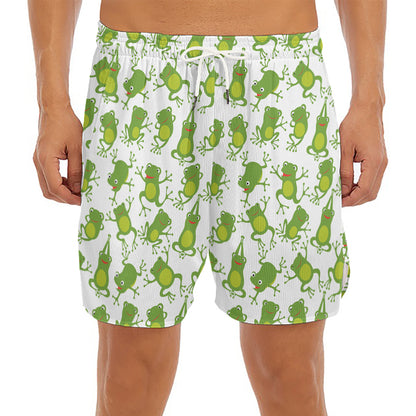 Cute Frog Pattern Print Men's Split Running Shorts