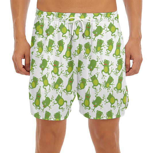Cute Frog Pattern Print Men's Split Running Shorts
