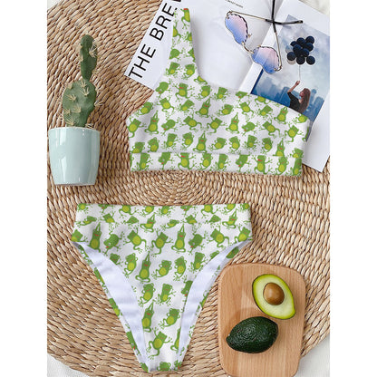 Cute Frog Pattern Print One Shoulder Bikini Top