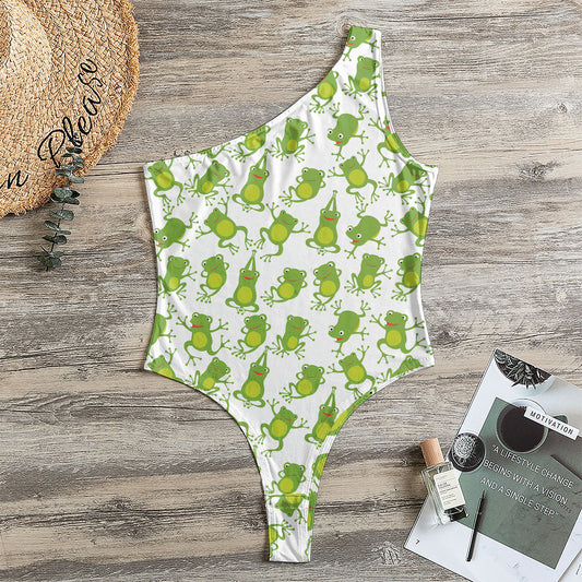 Cute Frog Pattern Print One Shoulder Bodysuit