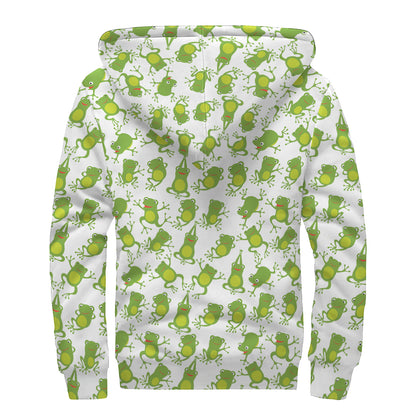 Cute Frog Pattern Print Sherpa Lined Zip Up Hoodie