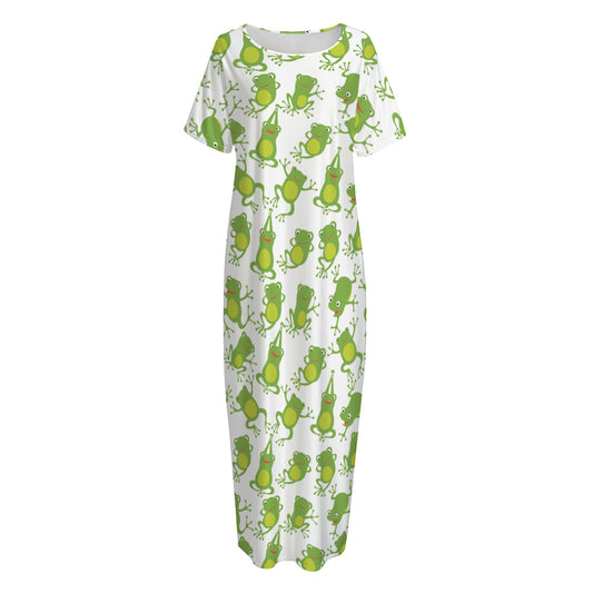 Cute Frog Pattern Print Short Sleeve Long Nightdress