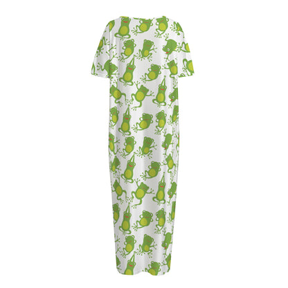 Cute Frog Pattern Print Short Sleeve Long Nightdress