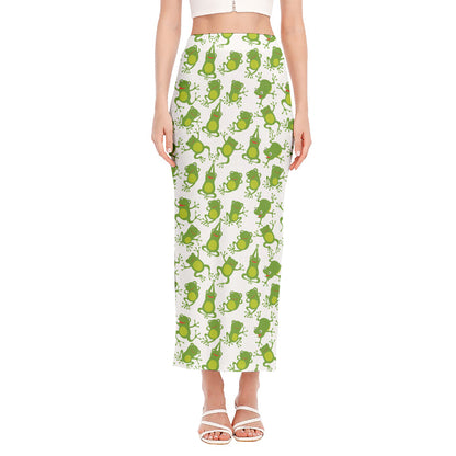Cute Frog Pattern Print Side Slit Maxi Skirt