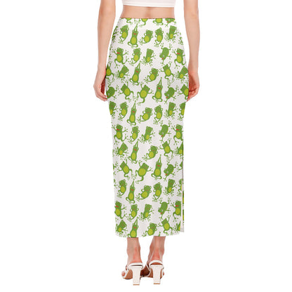 Cute Frog Pattern Print Side Slit Maxi Skirt