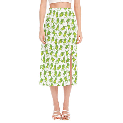 Cute Frog Pattern Print Side Slit Midi Skirt