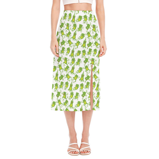 Cute Frog Pattern Print Side Slit Midi Skirt