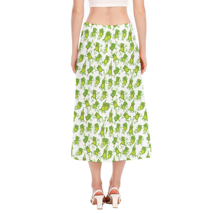 Cute Frog Pattern Print Side Slit Midi Skirt