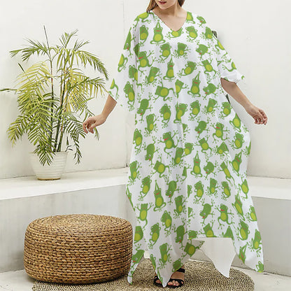Cute Frog Pattern Print Silk V-Neck Kaftan Dress