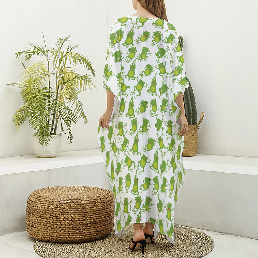 Cute Frog Pattern Print Silk V-Neck Kaftan Dress
