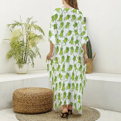 Cute Frog Pattern Print Silk V-Neck Kaftan Dress