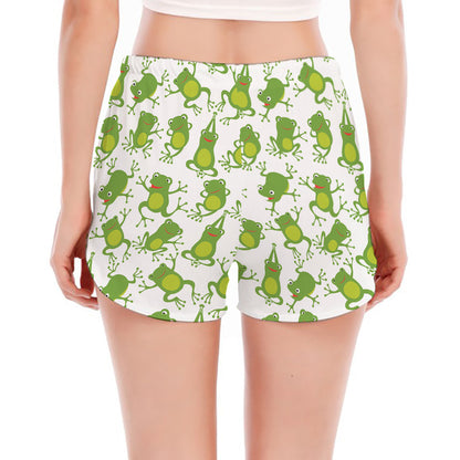 Cute Frog Pattern Print Women's Split Running Shorts