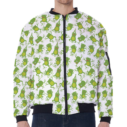 Cute Frog Pattern Print Zip Sleeve Bomber Jacket