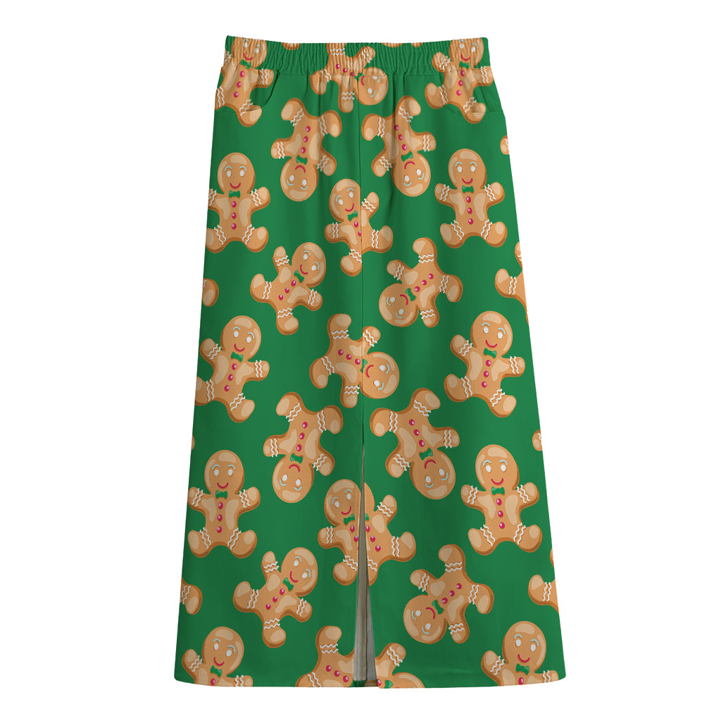 Cute Gingerbread Man Pattern Print Cotton Front Slit Maxi Skirt