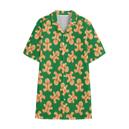 Cute Gingerbread Man Pattern Print Cotton Hawaiian Shirt
